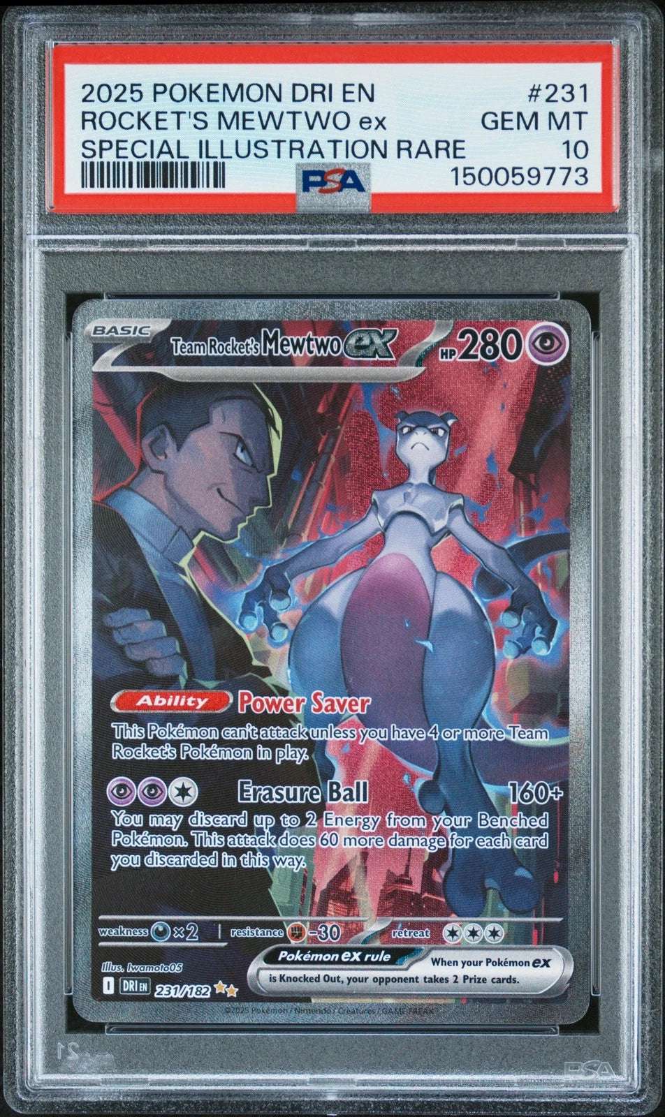 2025 POKEMON DESTINED RIVALS SPECIAL ILLUSTRATION TEAM ROCKET'S MEWTWO EX PSA 10